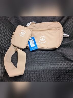 Magic Beige Adidas Originals Men's Puffer And A Pouch Crossbody Waist Bag Set.